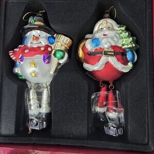 Christmas Ormamemt Set Mikasa Hand Painted Blown Glass Santa & Snowman In Crate